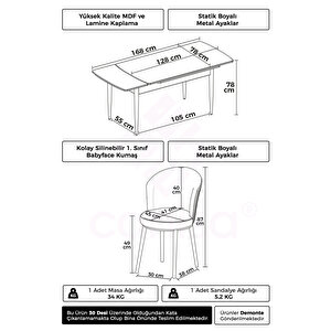 Asfel Serisi Mdf 77x130 Traverten Yandan Açılabilir Mutfak Masası Takımı 4 Krem Sandalye