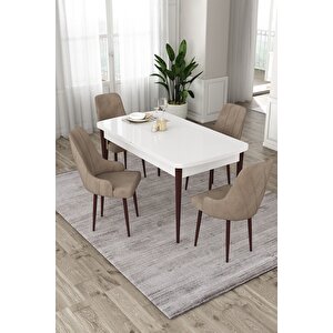 Eta Serisi 80x132 Mdf Kahve Ayaklı Beyaz Açılabilir Masa 4 Cappucino Sandalye Mutfak Masası Takımı