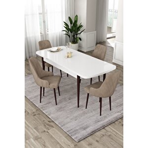 Eta Serisi 80x132 Mdf Kahve Ayaklı Beyaz Açılabilir Masa 4 Cappucino Sandalye Mutfak Masası Takımı