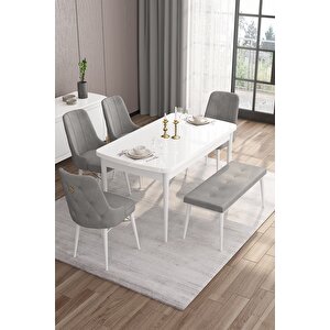 Are Serisi Beyaz Masa 80x132 Mdf Yemek Odası Takımı 4 Gri Sandalye 1 Bench Gold Halkalı