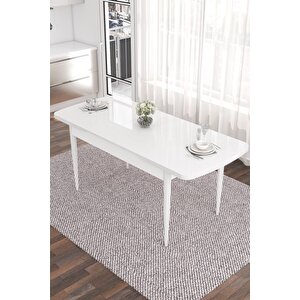 Are Serisi Beyaz Masa 80x132 Mdf Yemek Odası Takımı 4 Gri Sandalye 1 Bench Gold Halkalı