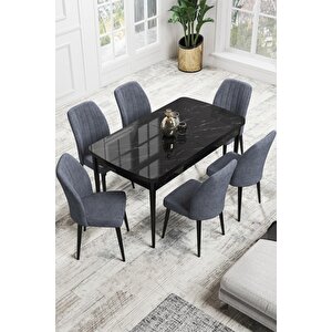 Rio Serisi 80x132 Açılabilir Mdf Mutfak Masası Takımı Siyah Mermer Desen Masa 6 Füme Sandalye