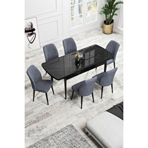 Rio Serisi 80x132 Açılabilir Mdf Mutfak Masası Takımı Siyah Mermer Desen Masa 6 Füme Sandalye