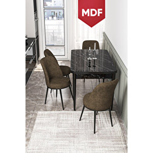 Kor Serisi 70x114 Açılabilir Mdf Mutfak Masası Takımı Siyah Mermer Desen Masa 4 Kahverengi Sandalye