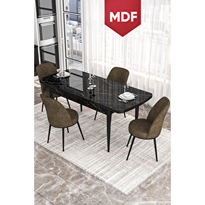 Kor Serisi 70x114 Açılabilir Mdf Mutfak Masası Takımı Siyah Mermer Desen Masa 4 Kahverengi Sandalye