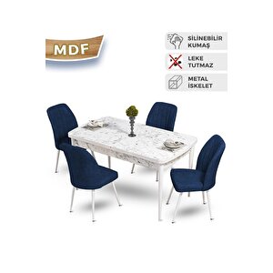 Mun Serisi 80x132 Açılabilir Mdf Beyaz Mermer Desen Masa Takımı Ve 4 Lacivert Sandalye