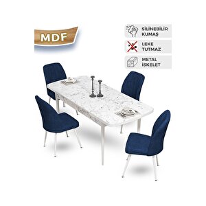 Mun Serisi 80x132 Açılabilir Mdf Beyaz Mermer Desen Masa Takımı Ve 4 Lacivert Sandalye