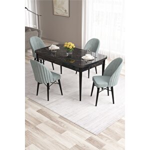 Ves Serisi 80x132 Mdf Açılabilir Siyah Mermer Desen Yemek Odası Takımı 4 Adet Su Yeşili Sandalye