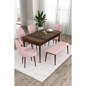 Ram Serisi 80x132 Açılabilir Mutfak Masası Takımı Barok Desen Masa 4 Pembe Sandalye 1 Bench