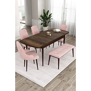 Ram Serisi 80x132 Açılabilir Mutfak Masası Takımı Barok Desen Masa 4 Pembe Sandalye 1 Bench