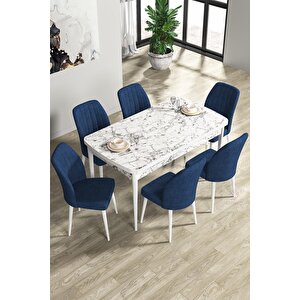 Rio Serisi 80x132 Açılabilir Mdf Mutfak Masası Takımı Beyaz Mermer Desen Masa 6 Lacivert Sandalye
