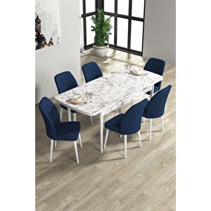 Rio Serisi 80x132 Açılabilir Mdf Mutfak Masası Takımı Beyaz Mermer Desen Masa 6 Lacivert Sandalye