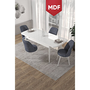 Via Serisi, Mdf 80x132 Beyaz Açılabilir Mutfak Masası Takımı 4 Adet Füme Sandalye