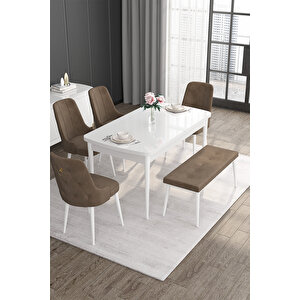 Noa Serisi 80x132 Açılabilir Mdf Beyaz Masa Takımı 4 Kahverengi Sandalye Ve 1 Bench