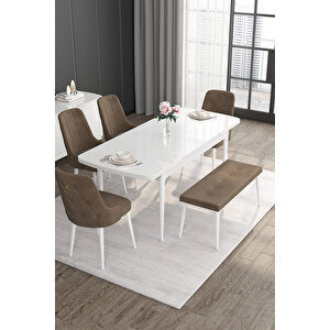 Noa Serisi 80x132 Açılabilir Mdf Beyaz Masa Takımı 4 Kahverengi Sandalye Ve 1 Bench