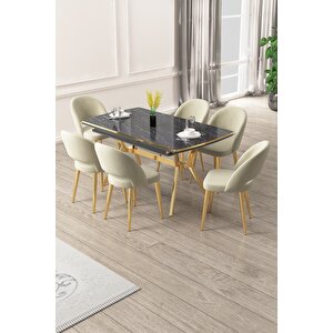 Weps Serisi 89x150 Açılabilir Lak Panel Siyah Mermer Gold Ayak Masa Takımı Ve 6 Krem Sandalye