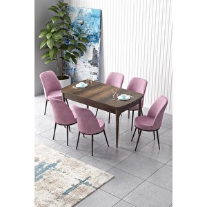 Zen Serisi 80x132 Mdf Açılabilir Barok Ahşap Desen Masa Takımı Ve 6 Pembe Sandalye