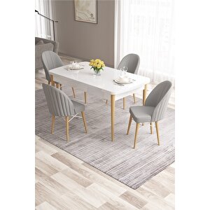 Ves Serisi 80x132 Açılabilir Mdf Mutfak Masası Takımı Beyaz Ahşap Ayak Masa 4 Gri Sandalye
