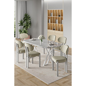 Radon Serisi Mdf 90x168 Sabit Beyaz Mutfak Masası Takımı 6 Krem Sandalye