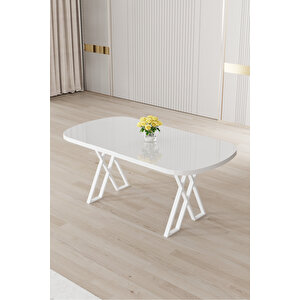 Radon Serisi Mdf 90x168 Sabit Beyaz Mutfak Masası Takımı 6 Krem Sandalye