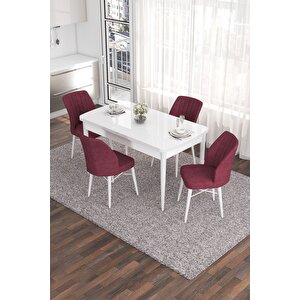 Eva Serisi 80x132 Açılabilir Mdf Mutfak Masası Takımı Beyaz Masa 4 Bordo Sandalye