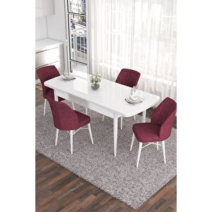Eva Serisi 80x132 Açılabilir Mdf Mutfak Masası Takımı Beyaz Masa 4 Bordo Sandalye