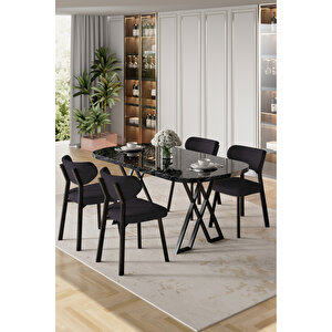 Axton Serisi Sabit Mdf 90x168 Siyah Mermer Desen Mutfak Masa Takımı 4 Sandalye