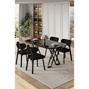 Axton Serisi Sabit Mdf 90x168 Siyah Mermer Desen Mutfak Masa Takımı 4 Siyah Sandalye