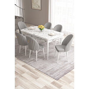 Roz Serisi 80x132 Mdf Açılabilir Beyaz Mermer Desen Masa Takımı 6 Gri Sandalye