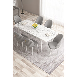 Roz Serisi 80x132 Mdf Açılabilir Beyaz Mermer Desen Masa Takımı 6 Gri Sandalye