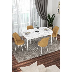 Kor Serisi 70x114 Açılabilir Mutfak Masası Takımı Beyaz Mermer Desen Masa 4 Cappucino Sandalye