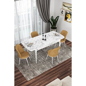 Kor Serisi 70x114 Açılabilir Mutfak Masası Takımı Beyaz Mermer Desen Masa 4 Cappucino Sandalye