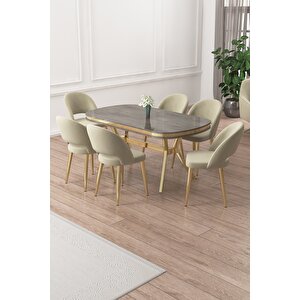 Jita Serisi 90x168 Lak Panel Antrasit İroni Gold Ayak Masa Takımı Ve 6 Krem Sandalye