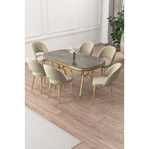 Jita Serisi 90x168 Lak Panel Antrasit İroni Gold Ayak Masa Takımı Ve 6 Krem Sandalye