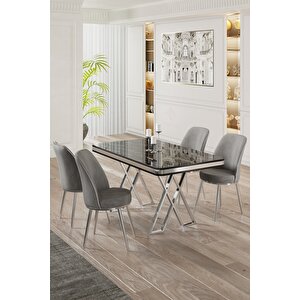 Vals Serisi 80x130 Lak Panel Siyah Mermer Desen Masa Takımı Krom Ayaklı 4 Gri Sandalye