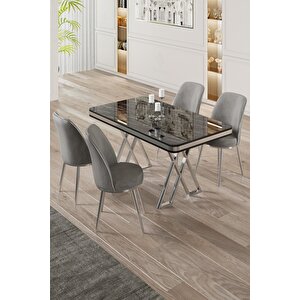 Vals Serisi 80x130 Lak Panel Siyah Mermer Desen Masa Takımı Krom Ayaklı 4 Gri Sandalye