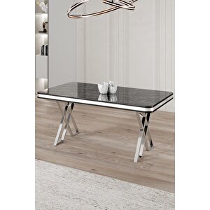 Vals Serisi 80x130 Lak Panel Siyah Mermer Desen Masa Takımı Krom Ayaklı 4 Gri Sandalye