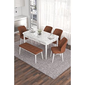 Eva Serisi 80x132 Açılabilir Mdf Masa Takımı Beyaz Mermer Desen Masa 4 Kiremit Sandalye 1 Bench