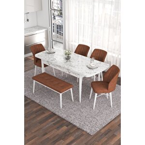 Eva Serisi 80x132 Açılabilir Mdf Masa Takımı Beyaz Mermer Desen Masa 4 Kiremit Sandalye 1 Bench