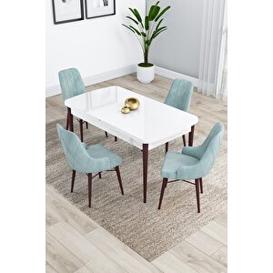 Kar Serisi Açılabilir Mdf 80x132 Ceviz Ayaklı Beyaz Mutfak Masası Takımı 4 Su Yeşili Sandalye