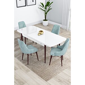 Kar Serisi Açılabilir Mdf 80x132 Ceviz Ayaklı Beyaz Mutfak Masası Takımı 4 Su Yeşili Sandalye
