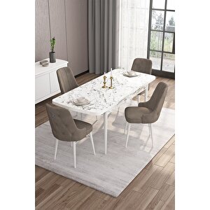 Are Serisi 80x132 Açılabilir Beyaz Mermer Desen Masa Takımı Ve 4 Cappucino Sandalye
