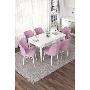 Nef Serisi, Beyaz 70x114 Açılabilir Mdf Yemek Odası Takımı, 6 Pembe Sandalye