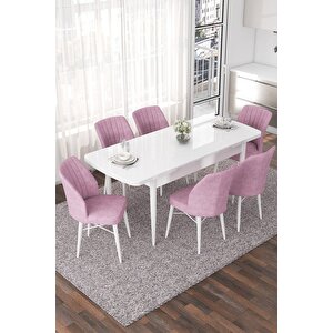 Nef Serisi, Beyaz 70x114 Açılabilir Mdf Yemek Odası Takımı, 6 Pembe Sandalye
