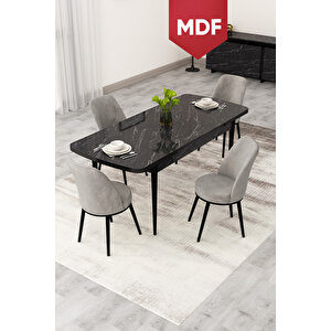 Rax Serisi Açılabilir Mdf 80x132 Siyah Mermer Desen Yemek Odası Takımı 4 Gri Babyface Sandalye