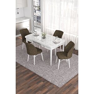 Eva Serisi 80x132 Açılabilir Mdf Mutfak Masası Takımı Beyaz Mermer Desen Masa 4 Kahverengi Sandalye