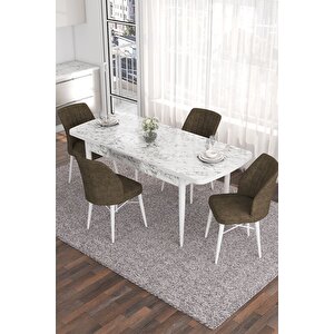 Eva Serisi 80x132 Açılabilir Mdf Mutfak Masası Takımı Beyaz Mermer Desen Masa 4 Kahverengi Sandalye