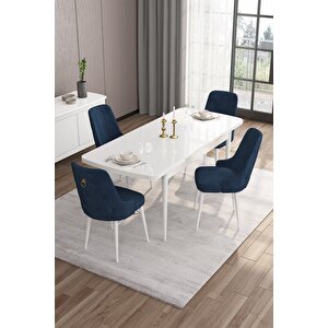 Are Serisi 80x132 Açılabilir Mdf Masa Beyaz Mutfak Masa Takımı 4 Lacivert Sandalye