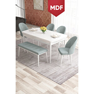 Elf Serisi 80x132 Mdf Gold Halkalı Beyaz Masa Takımı 4 Su Yeşili Sandalye Ve 1 Bench