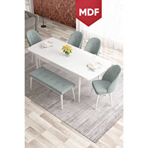 Elf Serisi 80x132 Mdf Gold Halkalı Beyaz Masa Takımı 4 Su Yeşili Sandalye Ve 1 Bench